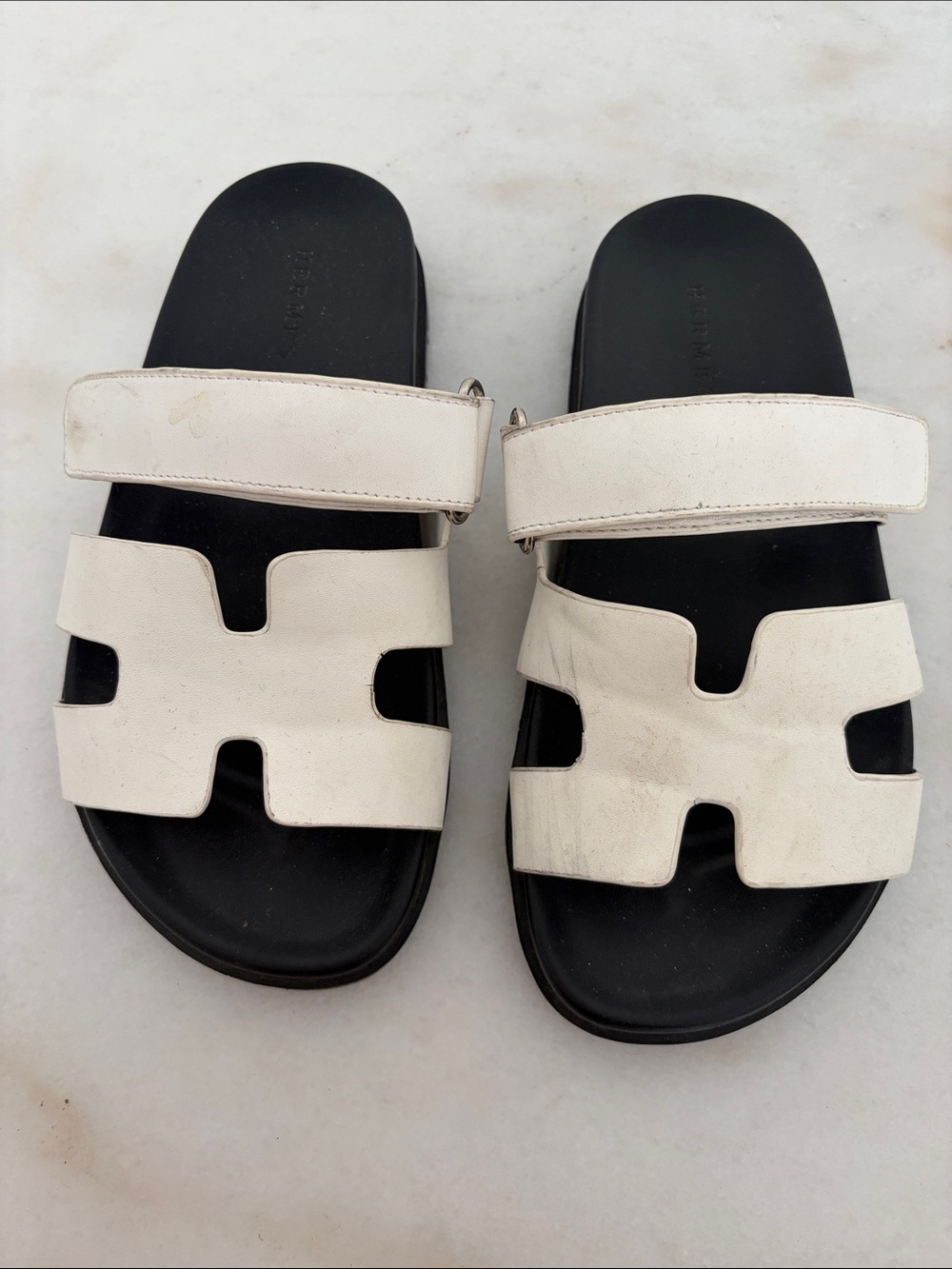 White Leather Slide Sandals with Black Footbed - Women